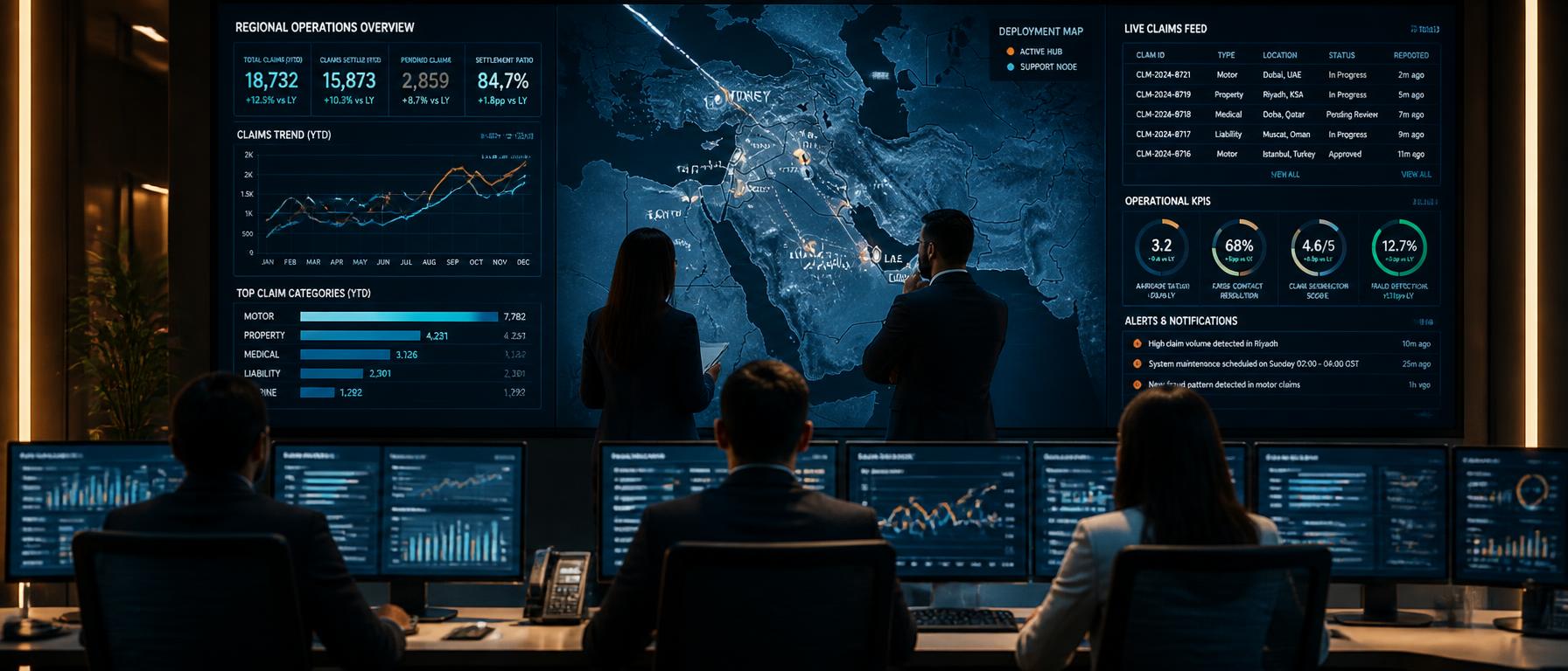 Regional operations centre monitoring live JoClaims and CarUsta deployments across the Middle East